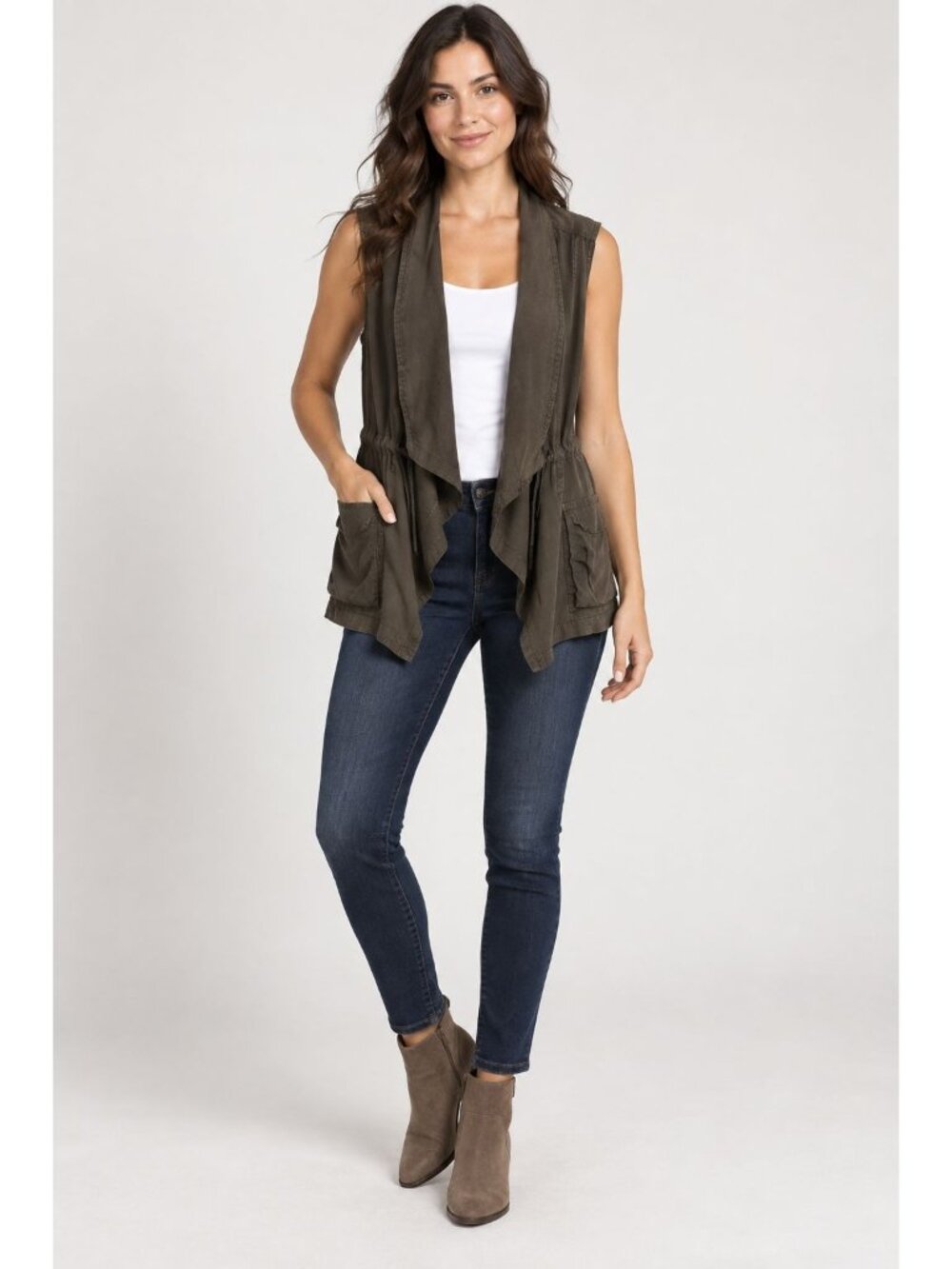 Max Jeans Women’s Army Green Tencel Utility Vest Draped Open Front Medium